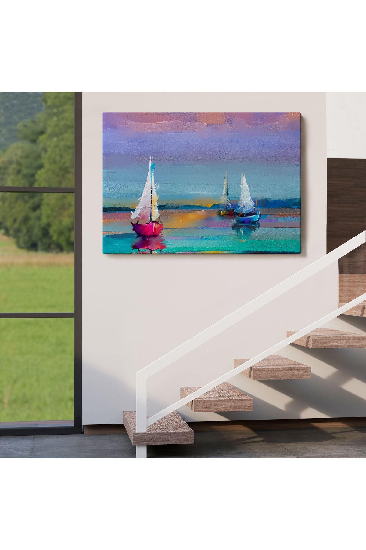 Denizdeki Yelkenliler Yağlıboya Görünüm Dekoratif Kanvas Duvar Tablosu-3616
