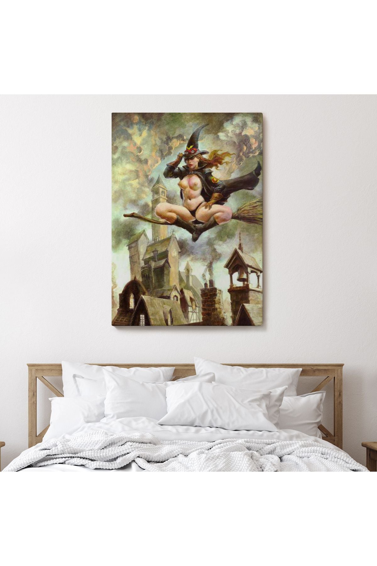 Çıplak Cadı Süpürgeye Biniyor, Cadılar Bayramı Gotik Sanatı, Kanvas Tablo-5288