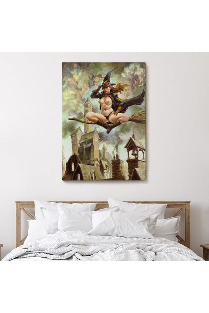 Çıplak Cadı Süpürgeye Biniyor, Cadılar Bayramı Gotik Sanatı, Kanvas Tablo-5288