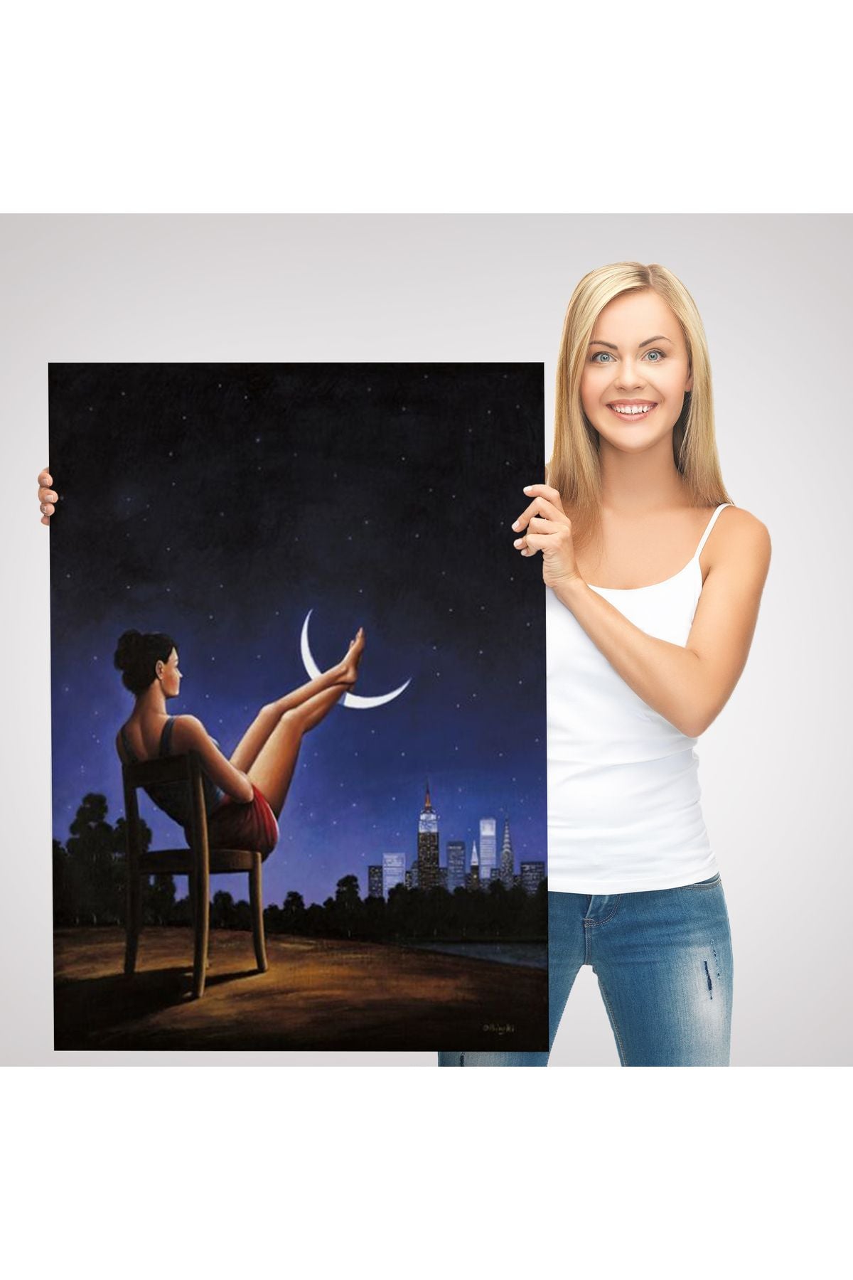 Ay'a Ayaklarını Koyup Dinlenen Kadın, Sürreal Sanat Tablosu-6091