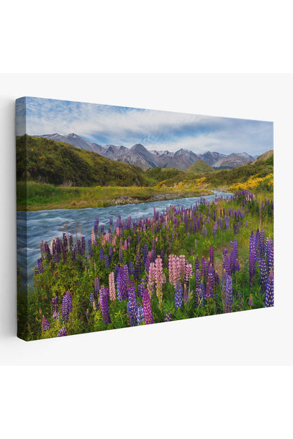Nehir Dağ ve Mor Acı Bakla Çiçekleri Manzarası Duvar Tablosu-3759