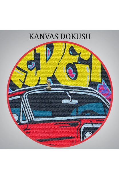 Grafiti İle Yapilmiş Retro Kırmızı Araba Kanvas Tablo-5027