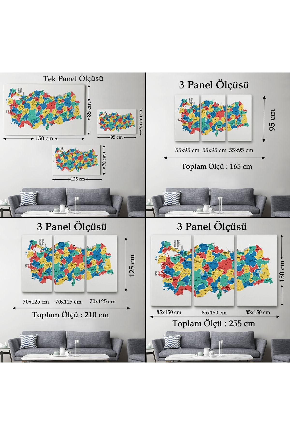 Türkiye Haritası Kanvas Tablo İl ve İlçeli Ayrıntılı Eğitici Dekoratif Tablo 3047