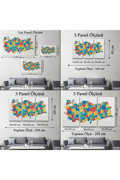 Türkiye Haritası Kanvas Tablo İl ve İlçeli Ayrıntılı Eğitici Dekoratif Tablo 3047