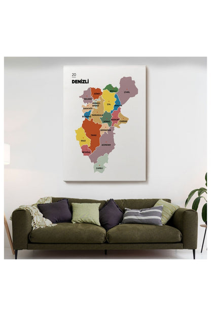 Kanvas, Duvar Tablosu, Dekoratif, İl ve İlçeler Haritası Denizli, Modern 1319 EGKNV