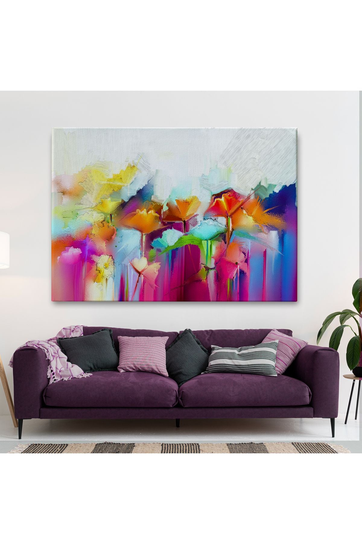Soyut Çiçekler Yağlıboya Görünüm Dekoratif Kanvas Duvar Tablosu-3562