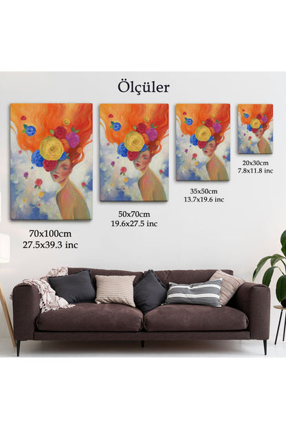 YB Çiçek Saçlı Kadın Yağlıboya Görünüm Dekoratif Kanvas Duvar Tablosu-5942