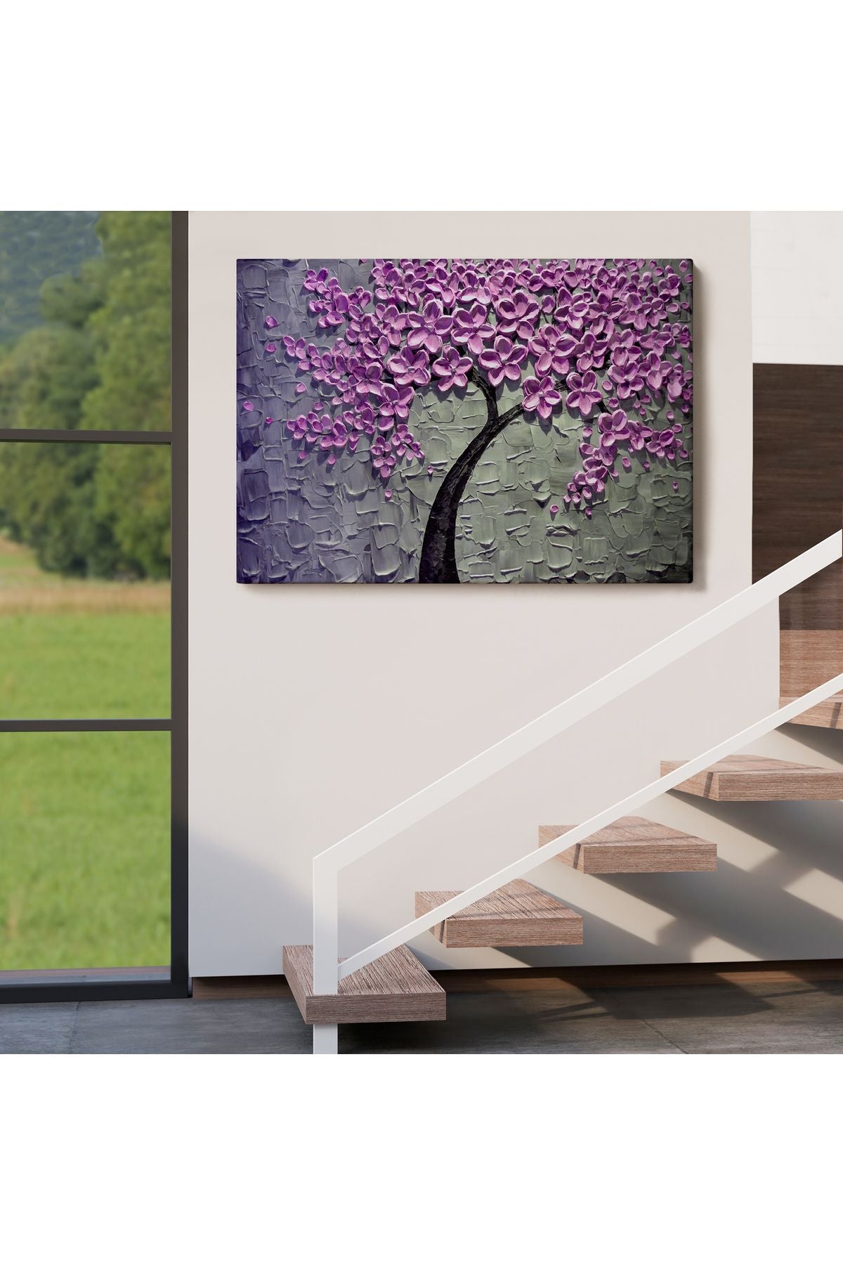 Pembe Çiçek Ağacı Yağlıboya Görünüm Dekoratif Kanvas Duvar Tablosu-3706