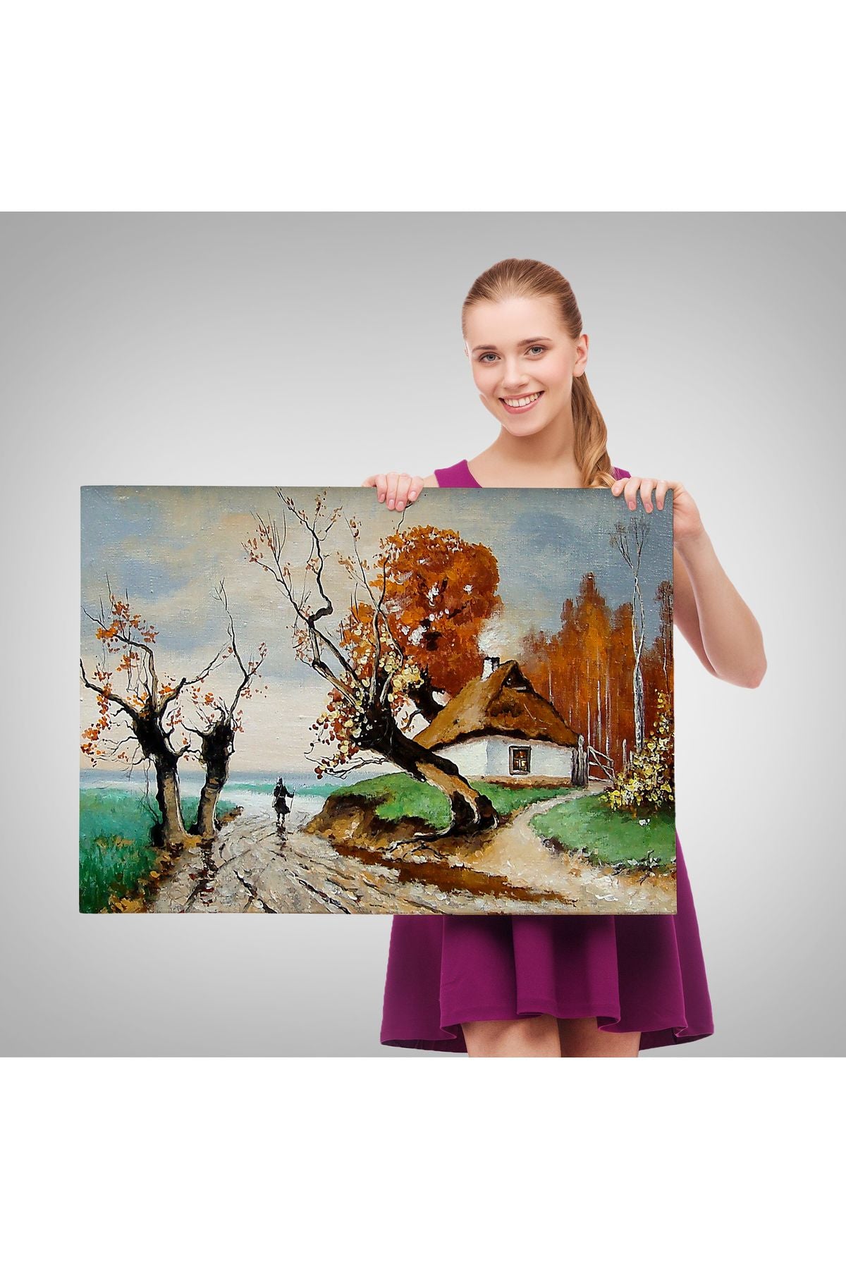 HG Sonbahar Köy Manzarası Dekoratif Duvar Tablosu-3473