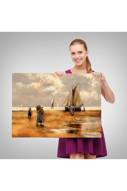 Balıkçılar ve Sahildeki Yelkenli Duvar Tablosu-3548