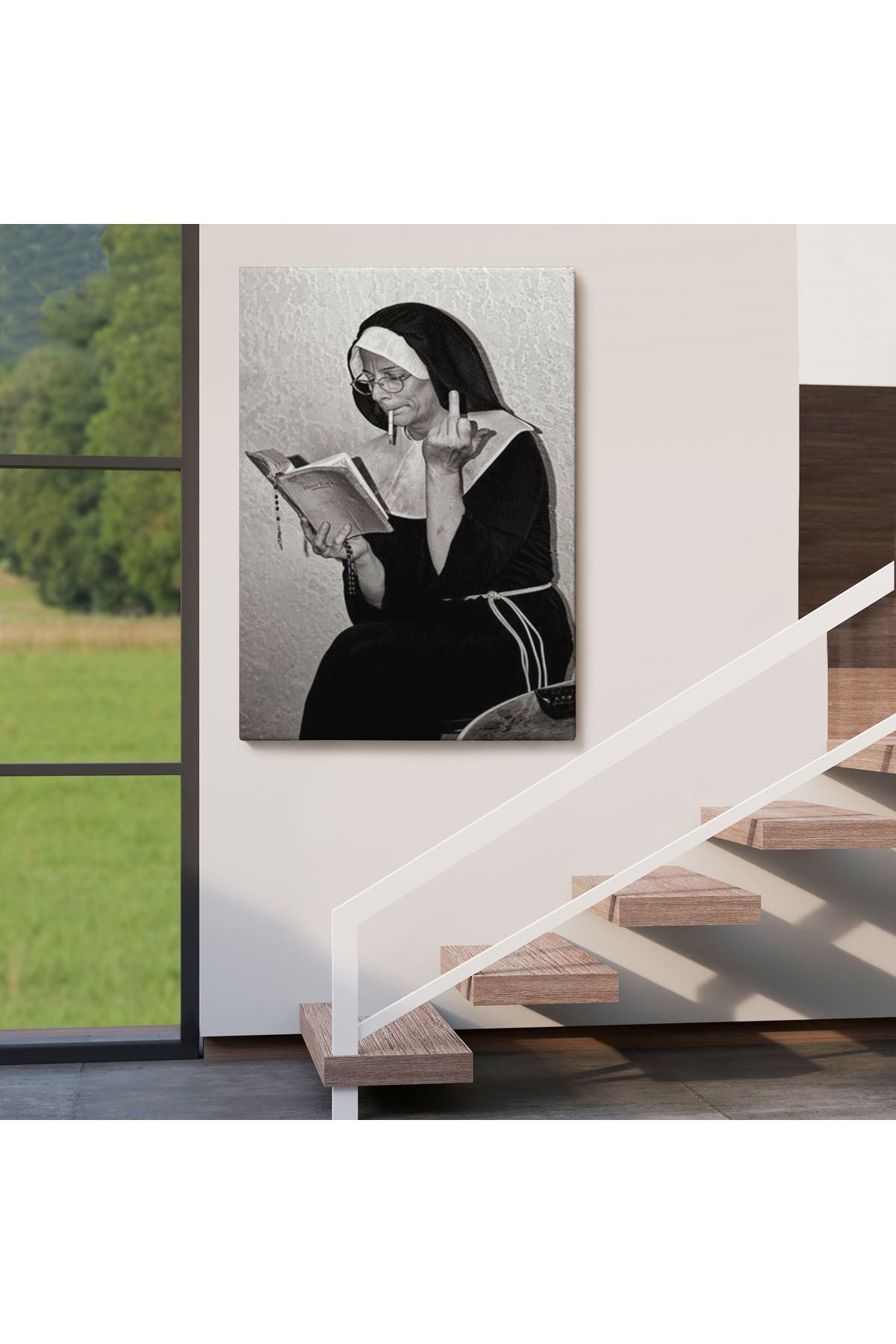 Orta Parmak İşareti Yapan Rahibe Dekoratif Duvar Tablosu-6126