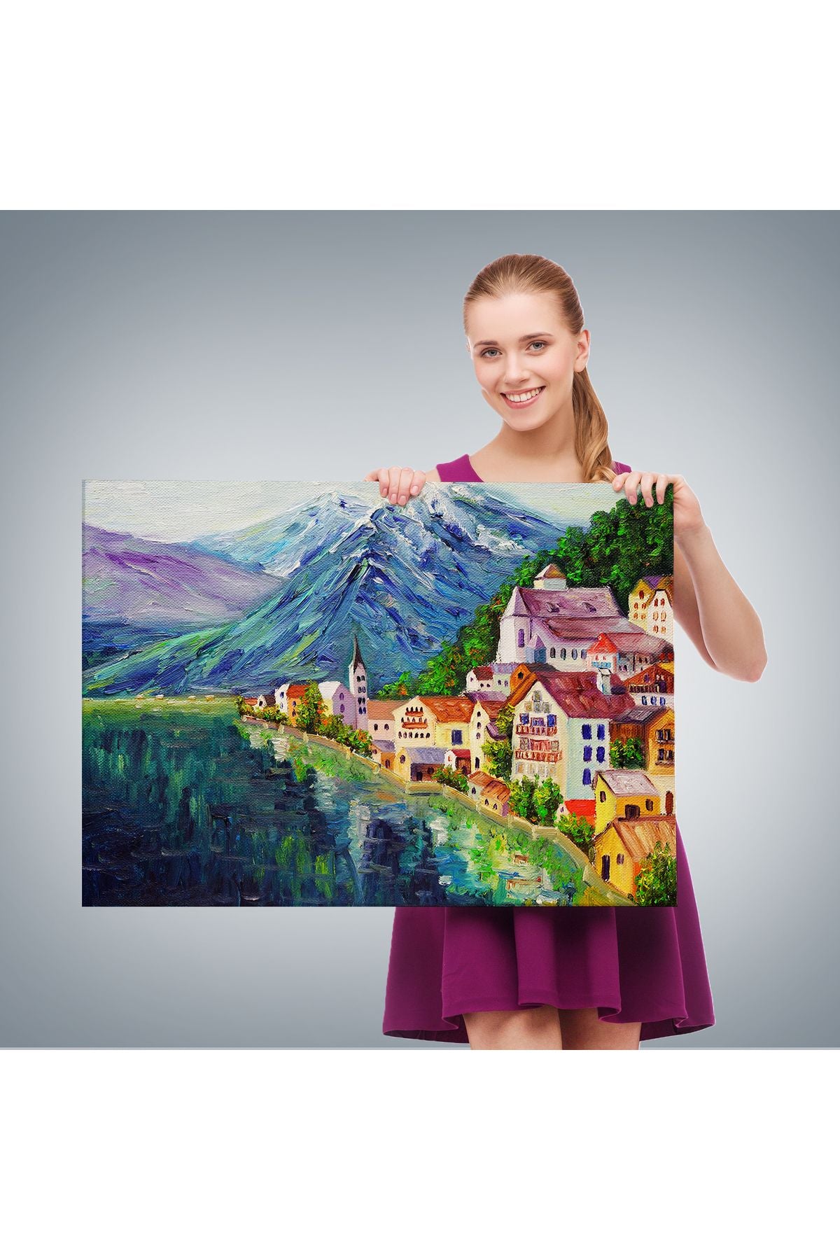 Avusturya Hallstatt Yağlıboya Görünüm Dekoratif Kanvas Duvar Tablosu-3438