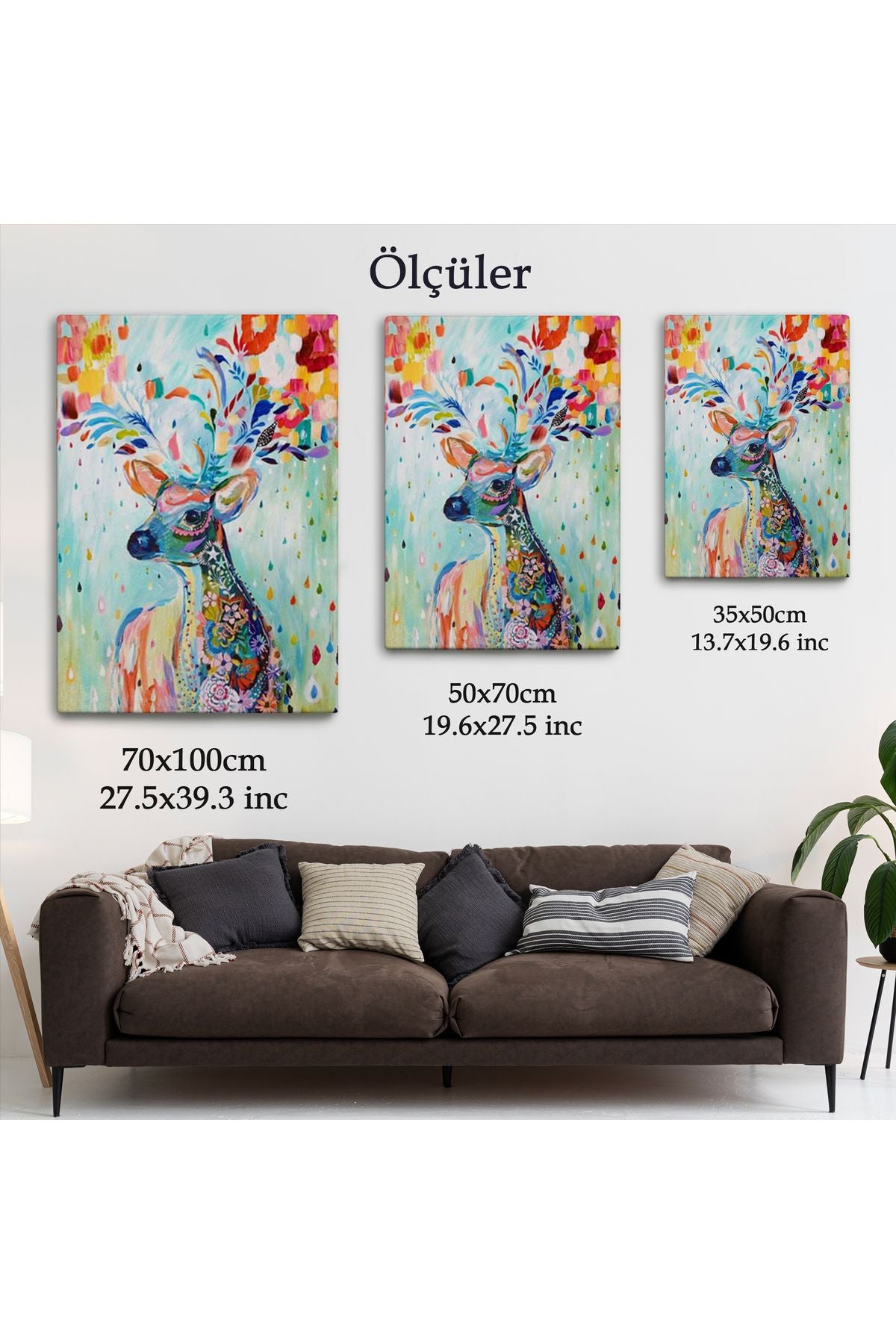 Renkli Çiçek Detaylı Geyik Dekoratif Duvar Tablosu-6196