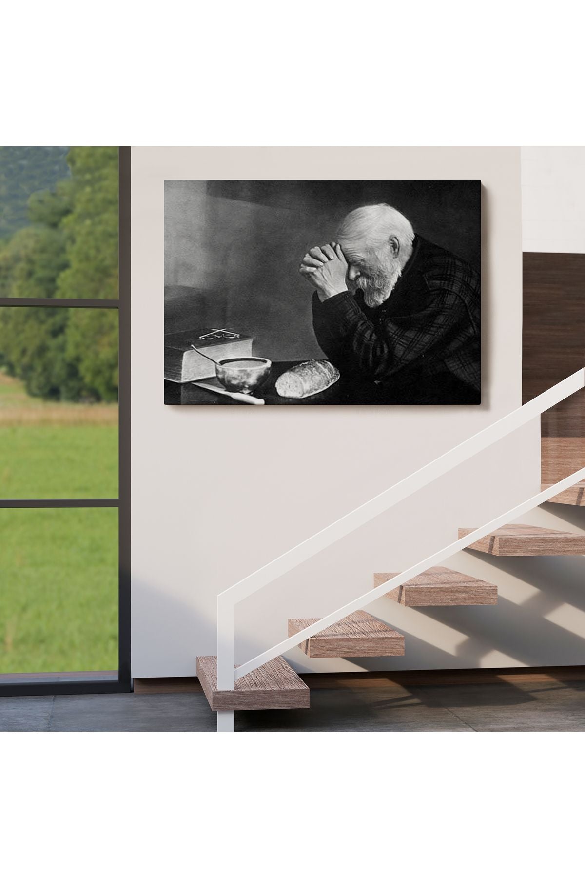 Eric Enstrom Grace Adam Ekmek Üzerinde Dua Ediyor Kanvas Tablo, Siyah Beyaz Baskı-5394