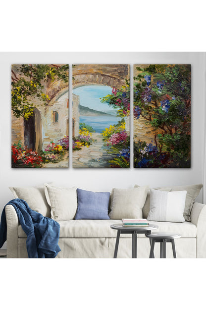 Deniz Yakınında Ev, Renkli Çiçekler, Deniz Manzaralı Kanvas Duvar Tablosu-1111