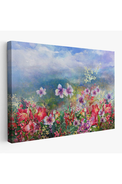 Renkli Çiçekler Suluboya Görünüm Dekoratif Kanvas Duvar Tablosu-3475