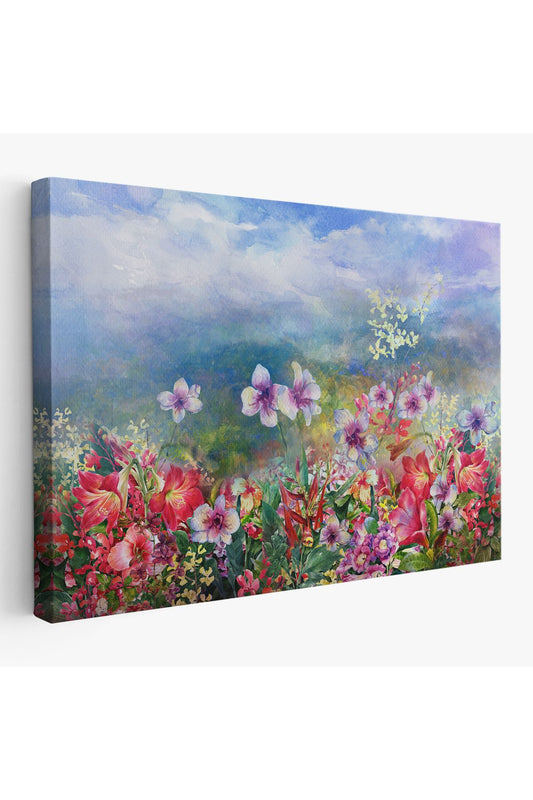 Renkli Çiçekler Suluboya Görünüm Dekoratif Kanvas Duvar Tablosu-3475