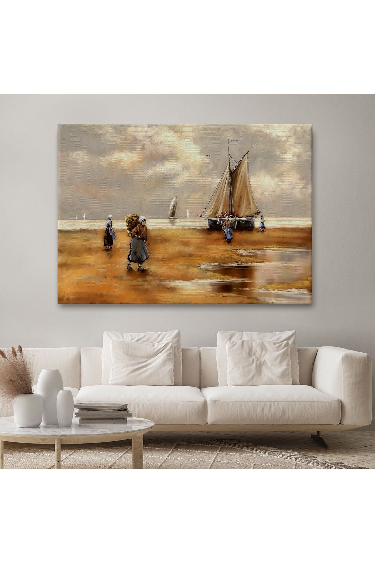 Balıkçılar ve Sahildeki Yelkenli Duvar Tablosu-3548
