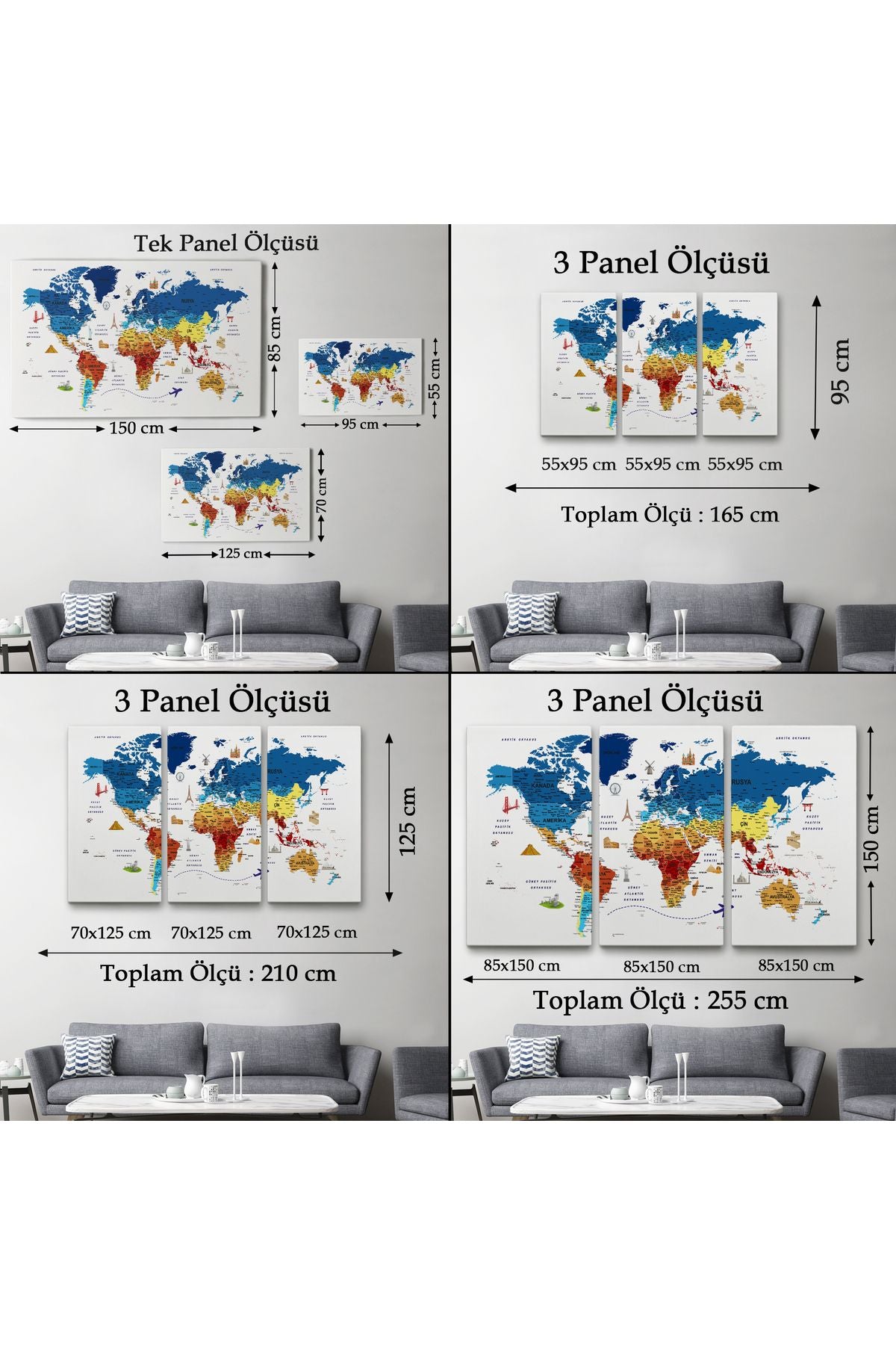 Türkçe Dünya Haritası Son Derece Ayrıntılı Eğitici ve Sembollü Kanvas Tablo 3166