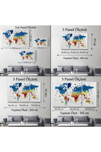 Türkçe Dünya Haritası Son Derece Ayrıntılı Eğitici ve Sembollü Kanvas Tablo 3166
