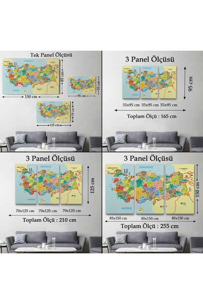 Türkiye Haritası Kanvas Tablo İl ve İlçeli Ayrıntılı Eğitici Komşulu Tablo 3006
