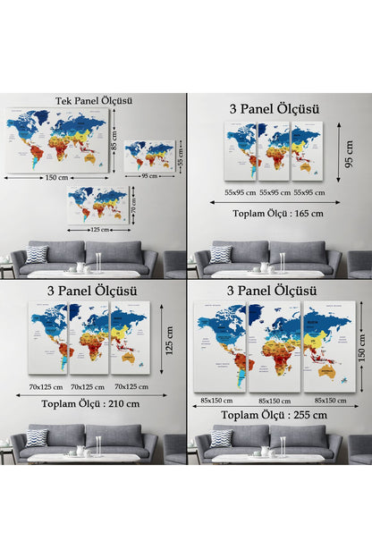 Türkçe Dünya Haritası Dekoratif Kanvas Tablo Ülke ve Başkentli 1492