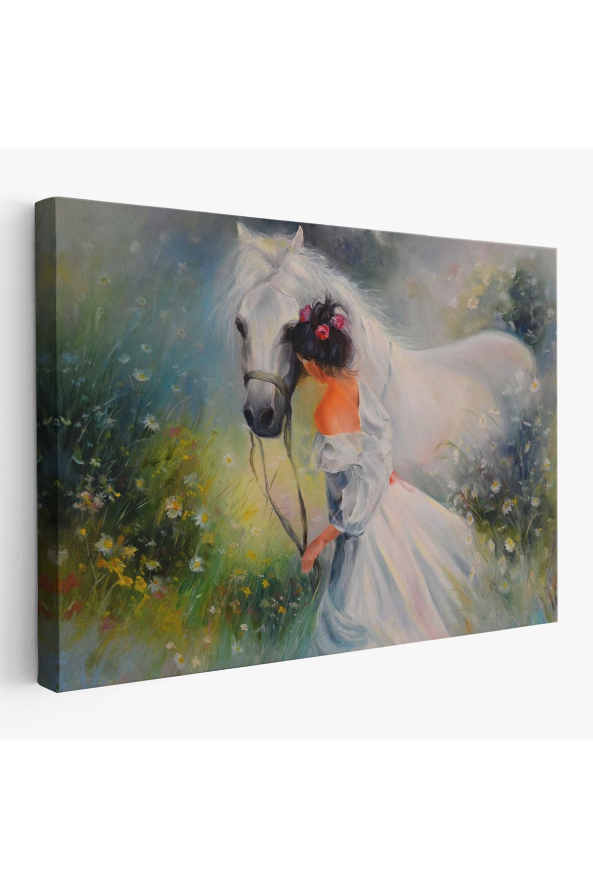 Bayaz At Ve Sahibi Kız Yağlıboya Görünüm Dekoratif Kanvas Duvar Tablosu-3539