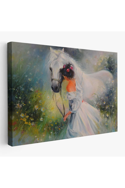 Bayaz At Ve Sahibi Kız Yağlıboya Görünüm Dekoratif Kanvas Duvar Tablosu-3539