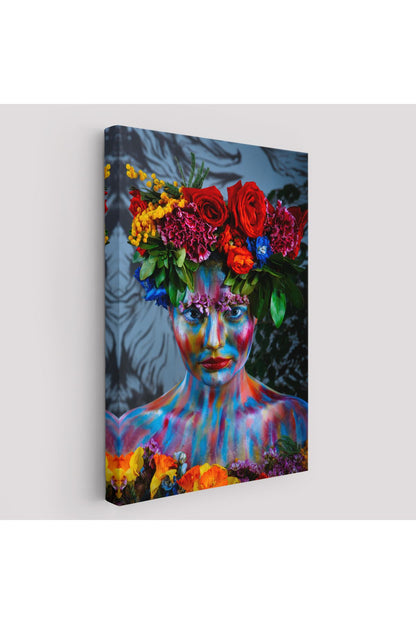 Renkli Çiçek Taçlı Kız Kanvas Tablo-5989