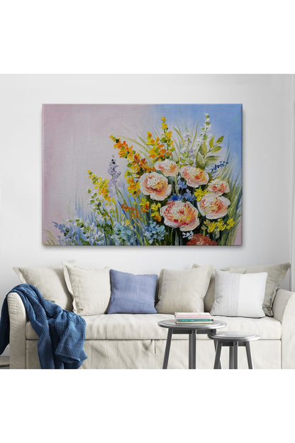 Soyut Yaz Çiçekleri Yağlıboya Görünüm Dekoratif Kanvas Duvar Tablosu-3496