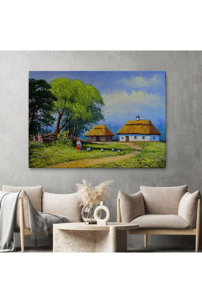 Ukrayna Köy Evi Manzarası Yağlıboya Görünüm Dekoratif Kanvas Duvar Tablosu-3664