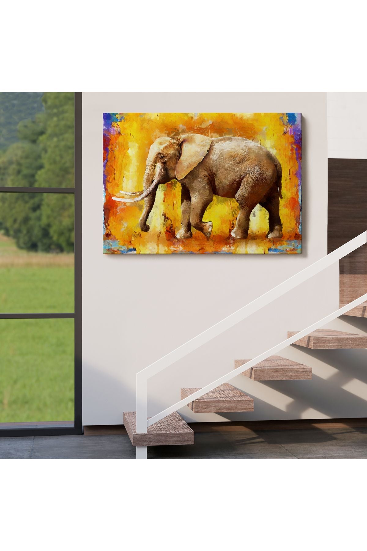 Modern Sanat Tarzı Yürüyen Fil Yağlıboya Görünüm Kanvas Duvar Tablosu-3688