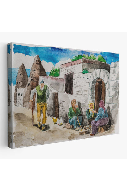 SZ KVS1-Kanvas Tablo-Kapadokya Göremedeki Köy Hayatı Yaşam Suluboya Görünüm  3756