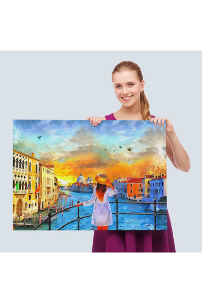 Venedik Kanalını İzleyen Kız Yağlıboya Görünüm Dekoratif Kanvas Duvar Tablosu-3699