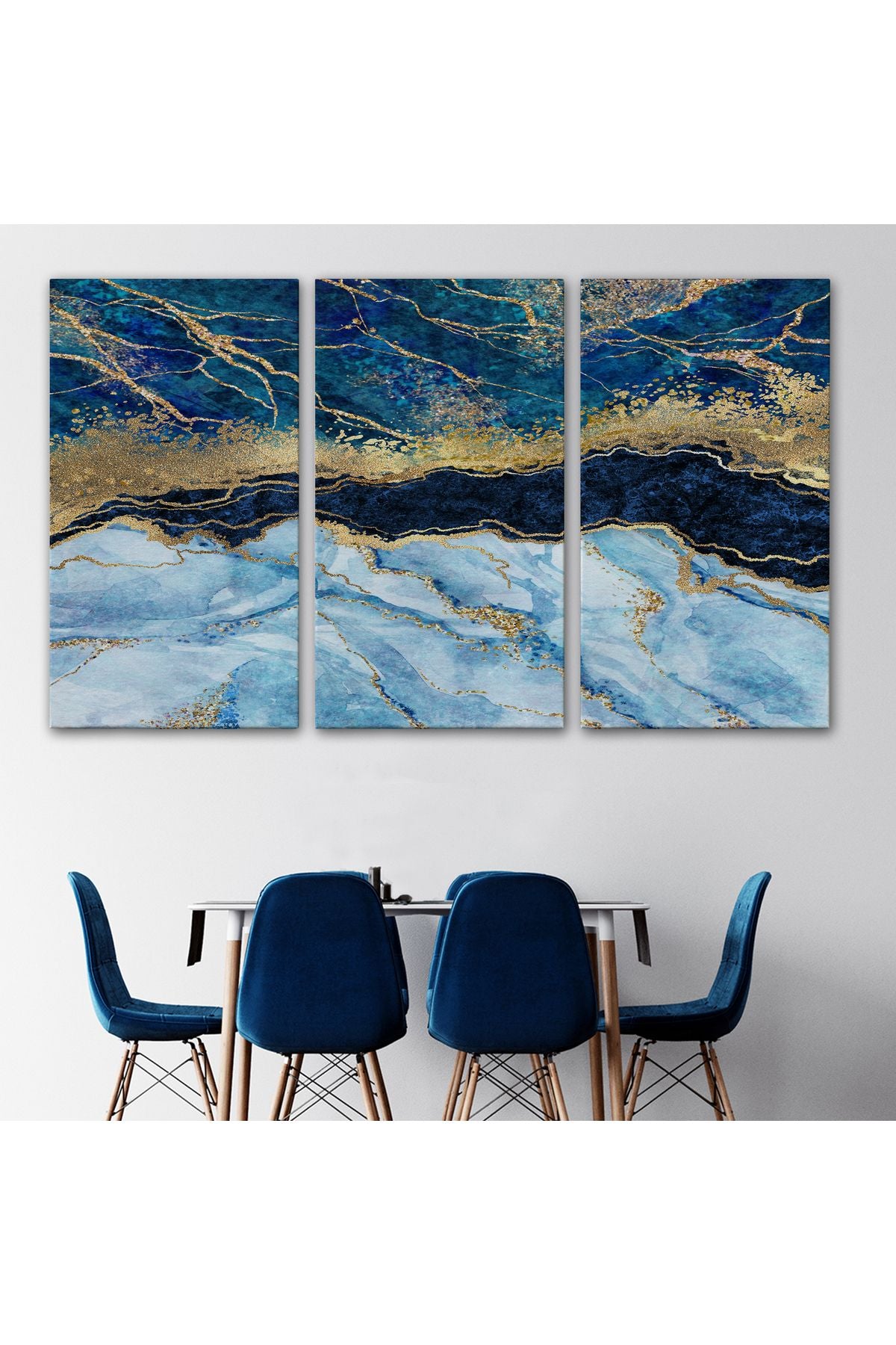 Mavi ve Gold'un Müthiş Uyumu Mermer Görünümlü Modern Kanvas Tablo-5061