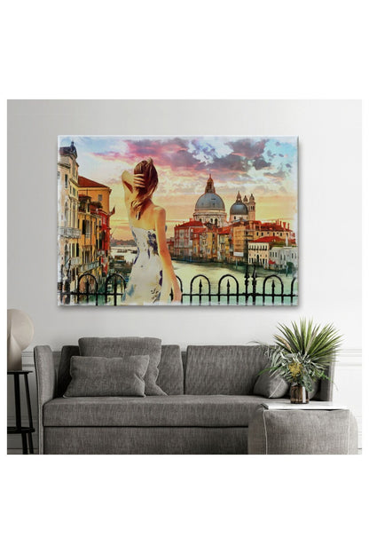 Kanvas, Duvar Tablosu, Dekoratif, Yağlıboya Görünüm Venedikte Kanala Bakan Kız 3590 EGKNV