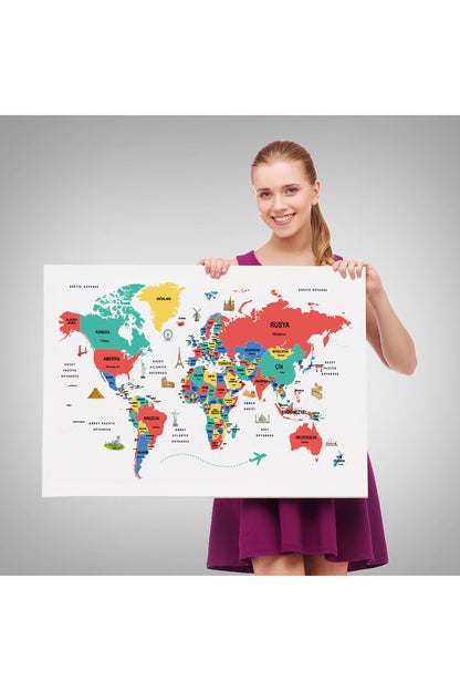Türkçe Dünya Haritası Dekoratif Kanvas Tablo Ülke-Başkentli Öğretici ve Sembollü 2314