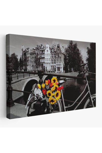Kanvas Tablo, Duvar Dekoru, Amsterdam Kanalları Bisiklet ve Laleler 6594 BUNGKNV
