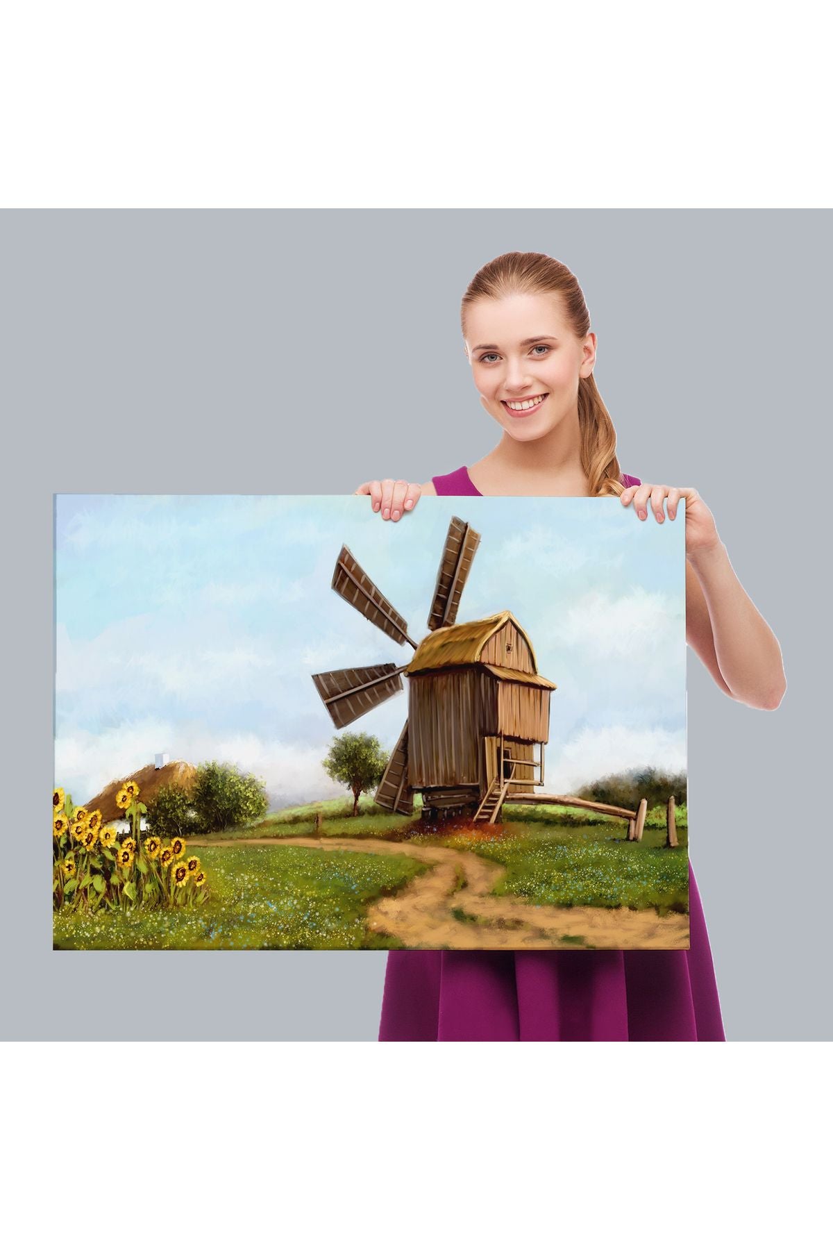 DB Eski Yel Değirmeni Yağlıboya Görünüm Dekoratif Kanvas Duvar Tablosu-3746