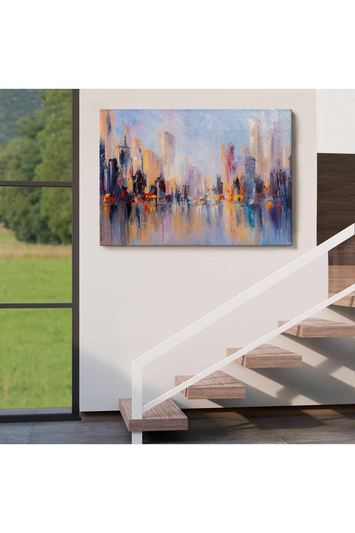 Su Yansimaları ve Şehir Yağlıboya Görünüm Dekoratif Kanvas Duvar Tablosu-3626