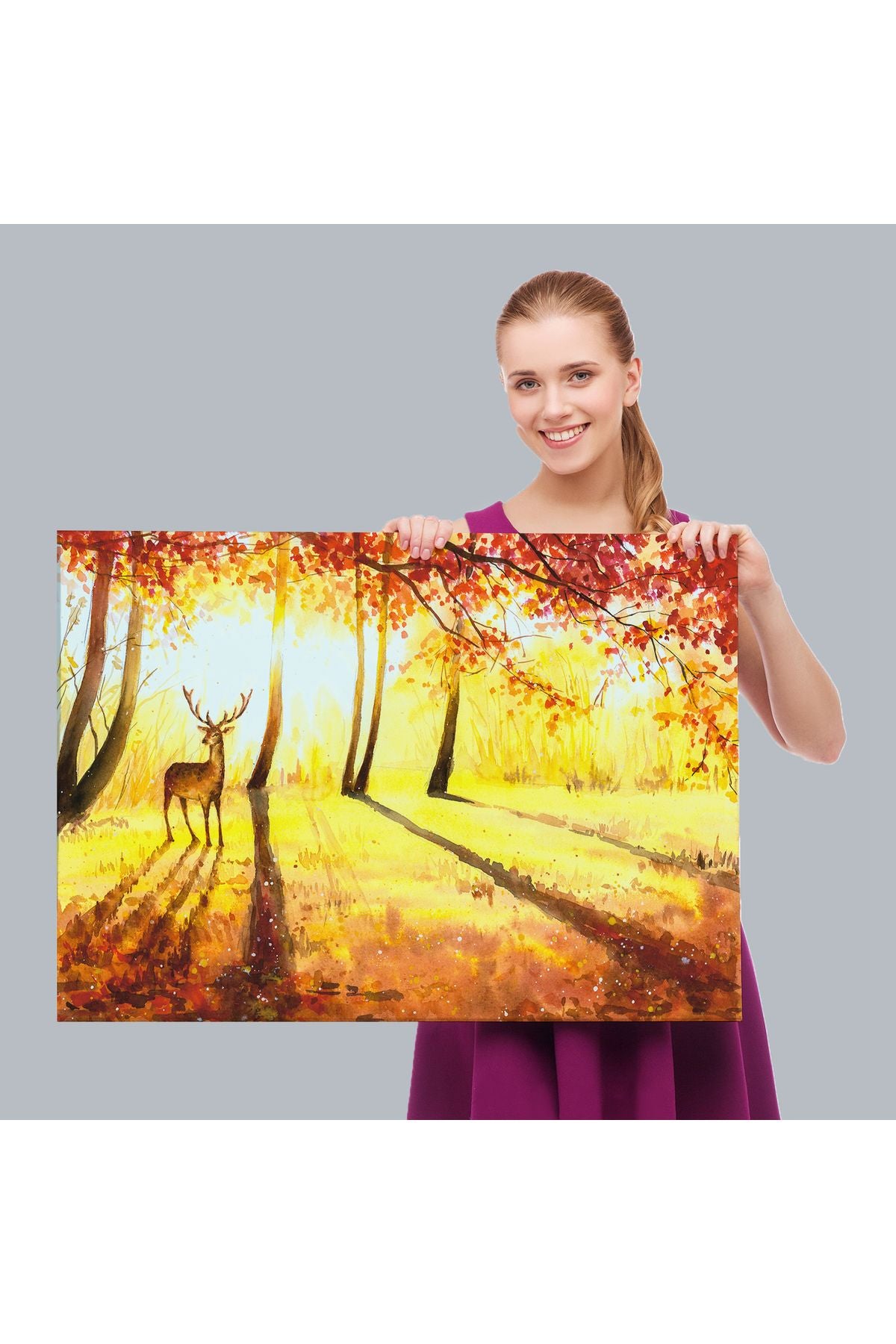 Baharda Ormanda Bir Geyik Yağlıboya Görünüm Kanvas Tablo-3745