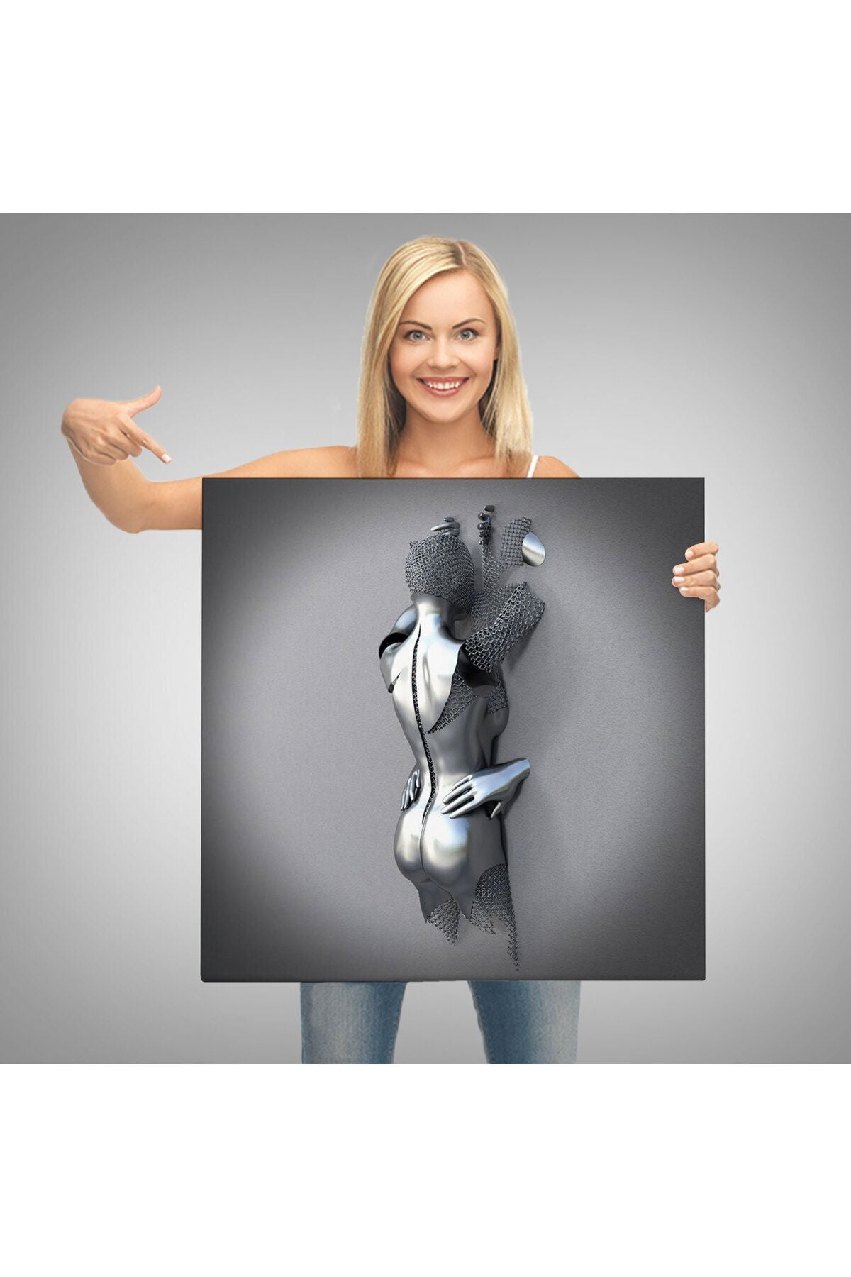 Aşk Sanatı, Gri ve Gümüş 3D Metalik Efektli Kanvas Tablo-5362