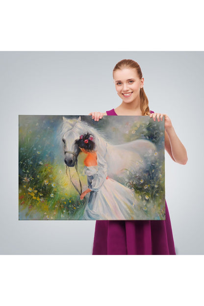 Bayaz At Ve Sahibi Kız Yağlıboya Görünüm Dekoratif Kanvas Duvar Tablosu-3539
