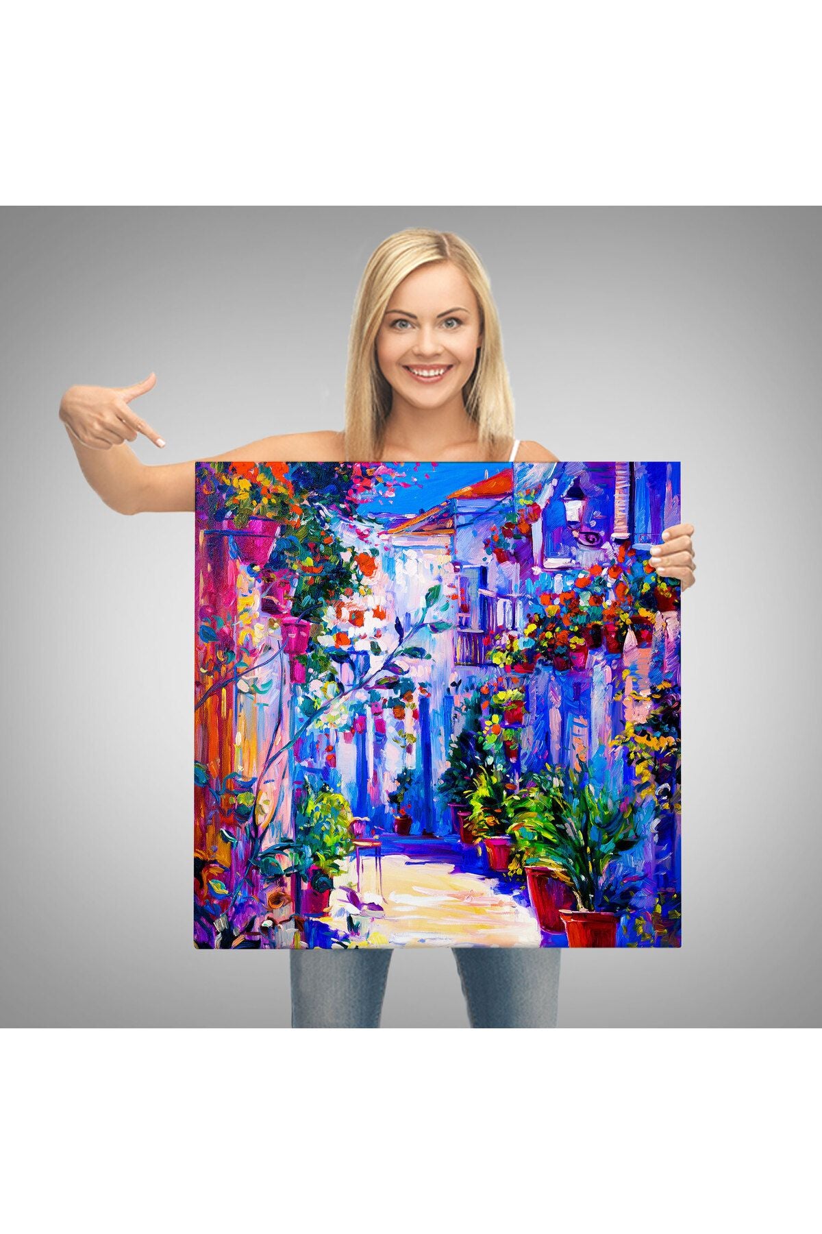 Çiçekli Sokak Yağlıboya Görünüm Dekoratif Kanvas Duvar Tablosu-5827