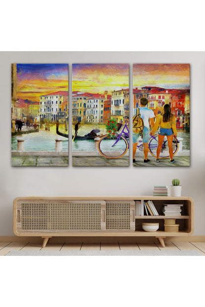Venedik Kanalına Bakan Romantik Çift Yağlıboya Görünüm Kanvas Tablosu-3625