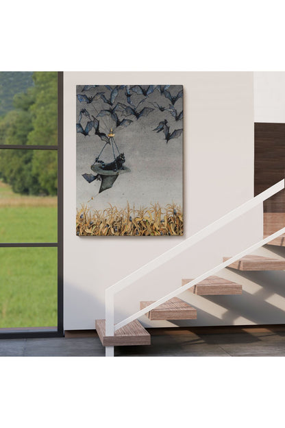Tarla Farelerinin Üstünden Yarasaların Yardımı ile Uçan Kara Kedi Tablosu-6081