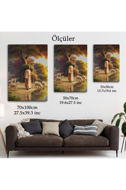 Dekoratif Kanvas Tablo-Hristiyan Duvar Sanatı, Kuzular ve Göl Kenarında İsa Mesih 5272