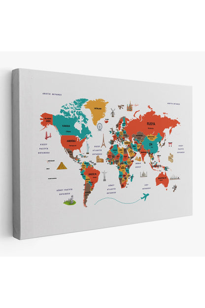 Türkçe Dünya Haritası Kanvas Tablo Ülke-Başkentli Öğretici ve Sembollü 2290
