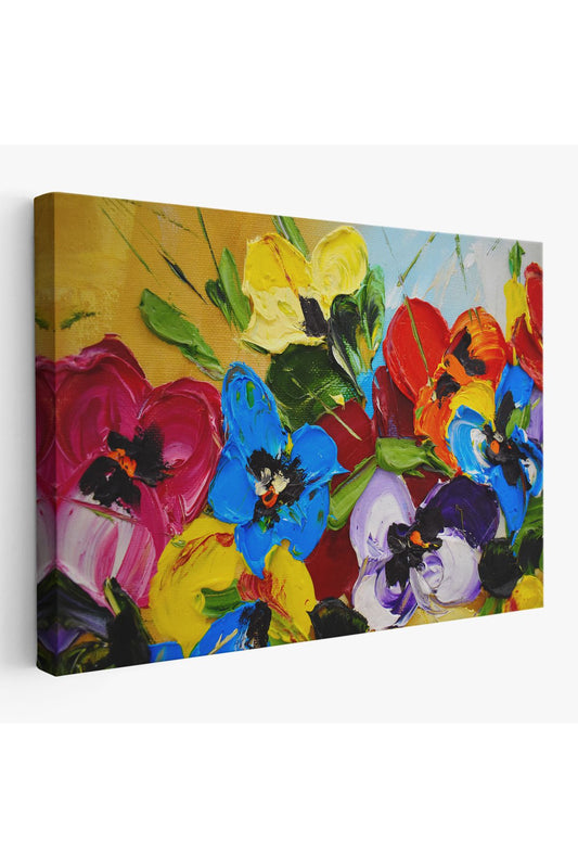 Renkli Çiçekler Yağlıboya Görünüm Dekoratif Kanvas Duvar Tablosu-3666