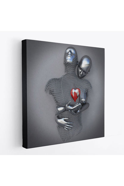 Aşk Sanatı, 3D Efekti Gümüş İnsan, Gri ve Gümüş Metalik Efektli Kanvas Tablo-5353